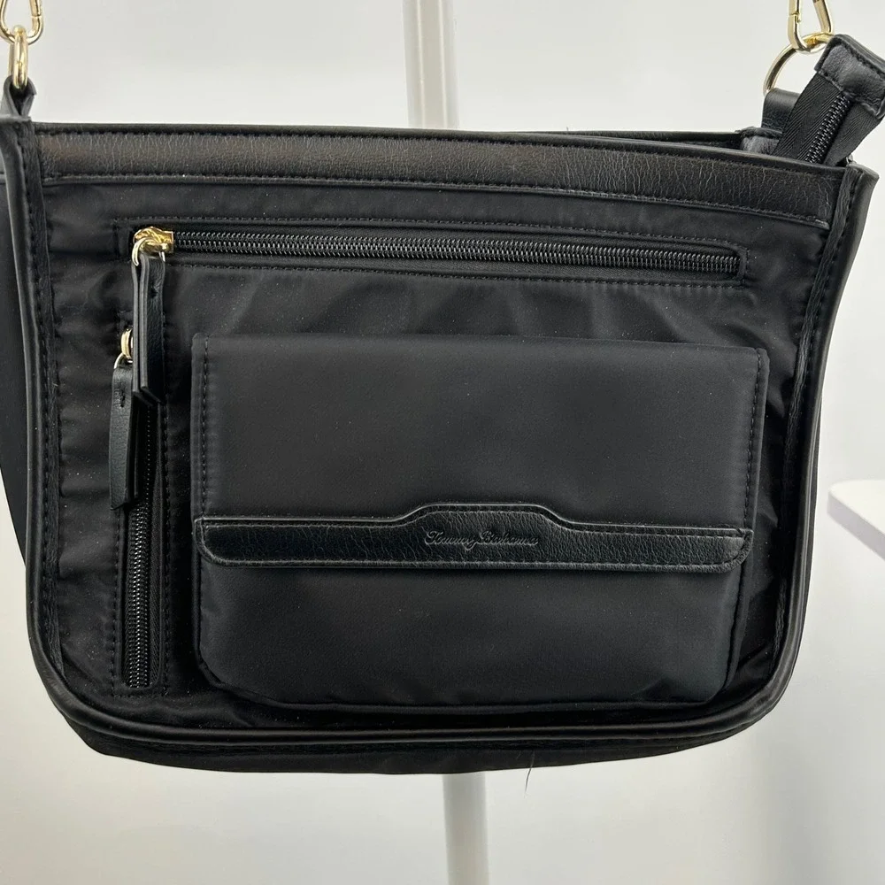 Tommy Bahama Black‎ Nylon Crossbody Bag Organizer Travel Purse Gold Hardware